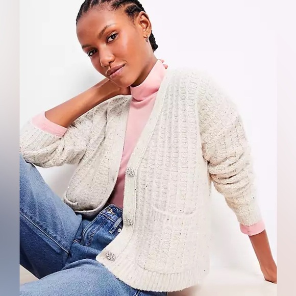 LOFT Knit Cardigan Sweater in Cream with Gold Accents Size Medium M - Picture 13 of 13